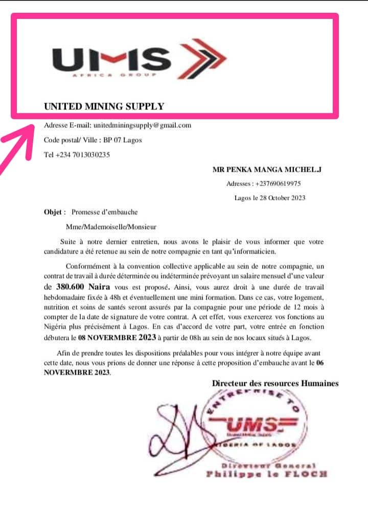 Document from "UNITED MINING SUPPLY" with header, contact info, addressed to MR PENKA MANGA MICHE.LJ, regarding a job offer.