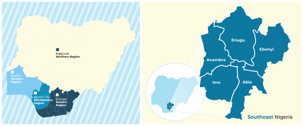 Two maps of Nigeria highlighting Southeast region and its states: Enugu, Anambra, Imo, Abia, Ebonyi.