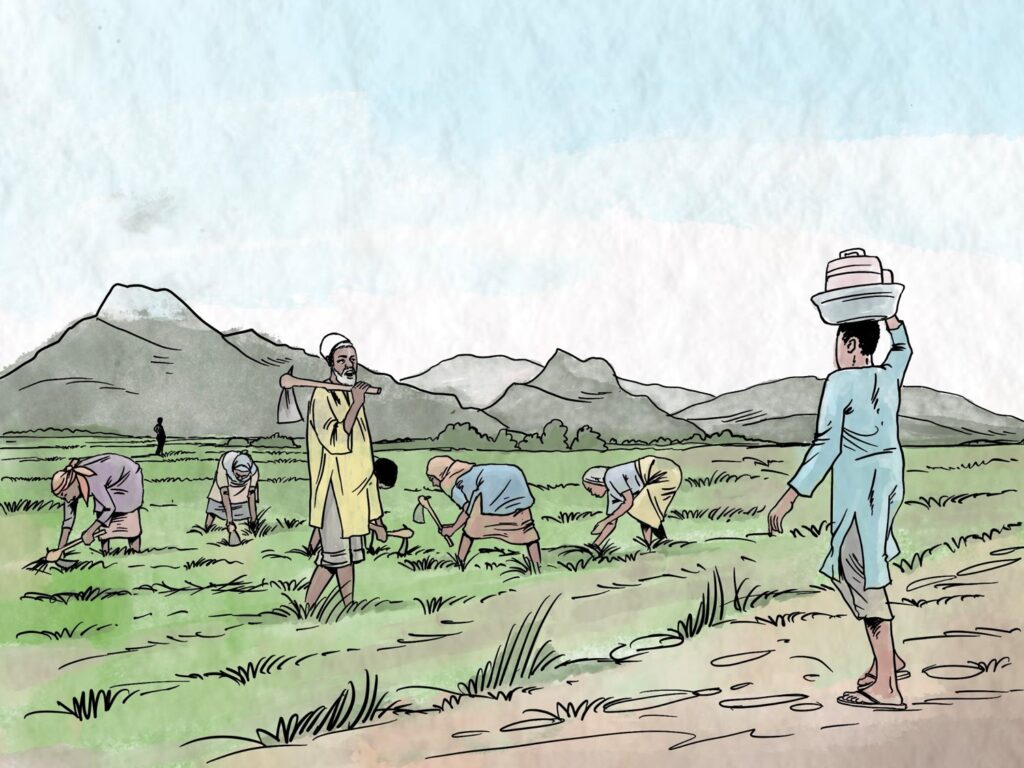 Illustration of people working in a field with mountains in the background and a person carrying pots on their head.