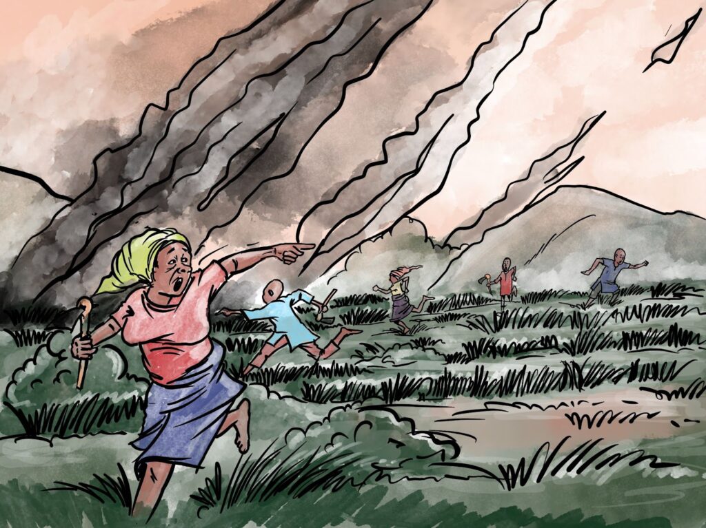 Illustration of people running from a volcanic eruption with smoke and ash in the background.