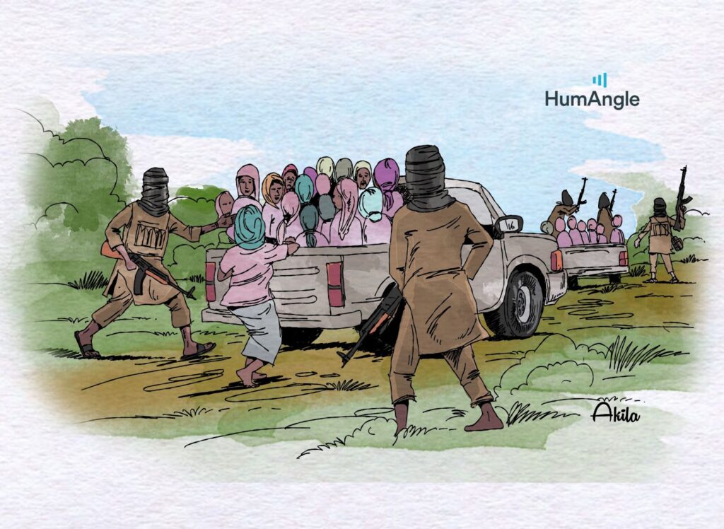 Illustration of armed individuals guarding a truck with people in the back, evoking a hostile or abduction scenario.