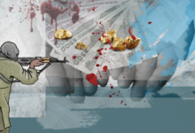 Illustration of a person with a gun against a backdrop of currency notes, gold nuggets, and splatters suggestive of conflict.