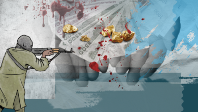 Illustration of a person with a gun against a backdrop of currency notes, gold nuggets, and splatters suggestive of conflict.