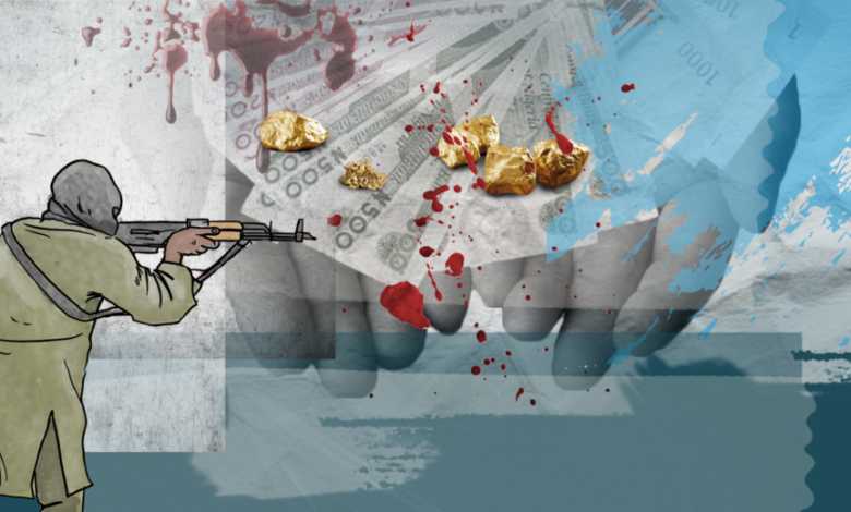 Illustration of a person with a gun against a backdrop of currency notes, gold nuggets, and splatters suggestive of conflict.