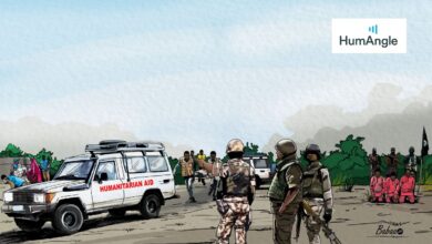 Illustration of a humanitarian aid van and armed soldiers with civilians in a conflict zone.