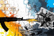 Abstract art with a rifle and currency, splattered paint, and honeycomb patterns in a vibrant, chaotic composition.