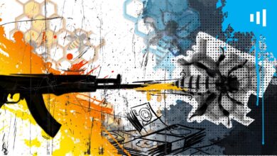 Abstract art with a rifle and currency, splattered paint, and honeycomb patterns in a vibrant, chaotic composition.