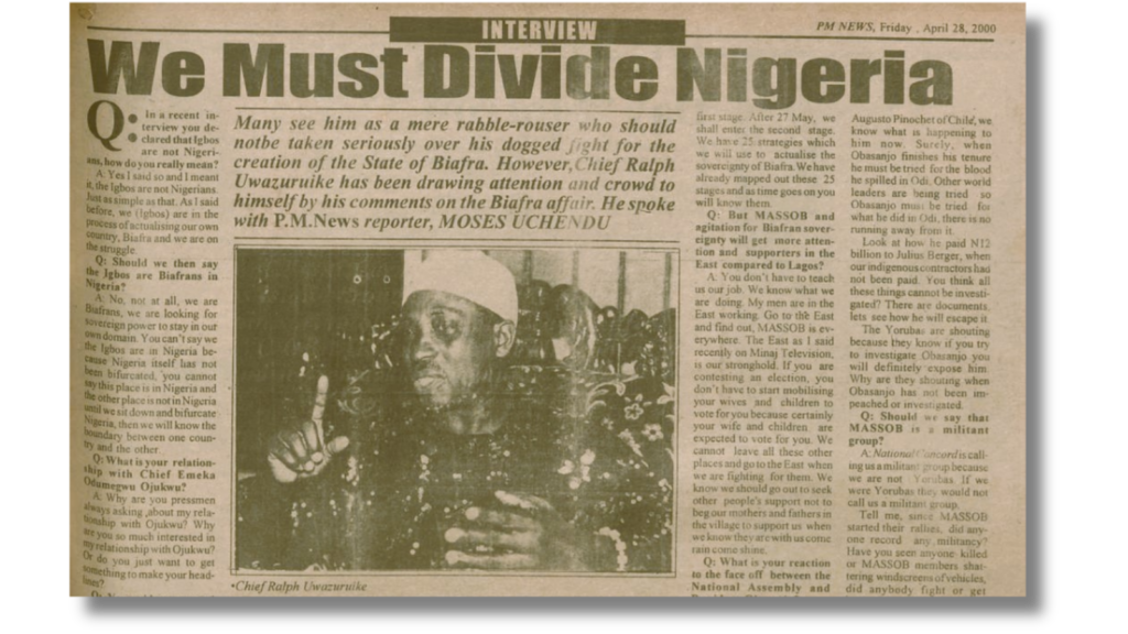 Newspaper clipping featuring an interview titled "We Must Divide Nigeria," dated April 28, 2000, discussing the Biafran sovereignty issue.