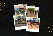 A collage of photos, including military personnel, weapons, and a burning structure, overlaid on a map of Africa.