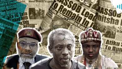 Collage of three men in front of newspaper clippings with headlines related to Nigeria and Biafra.
