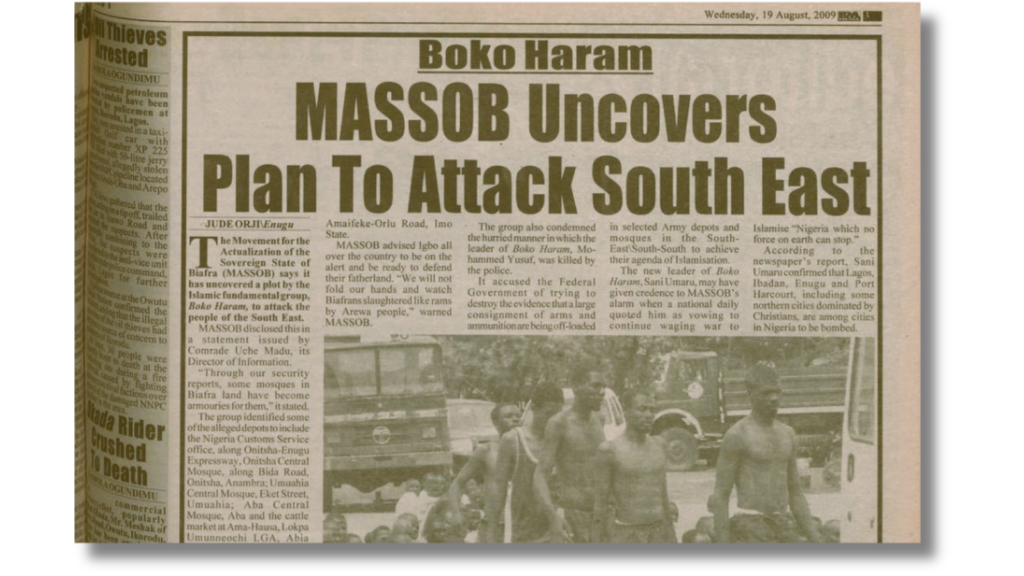 Newspaper clipping with headline "MASSOB Uncovers Plan To Attack South East," discussing Boko Haram, dated August 19, 2009.