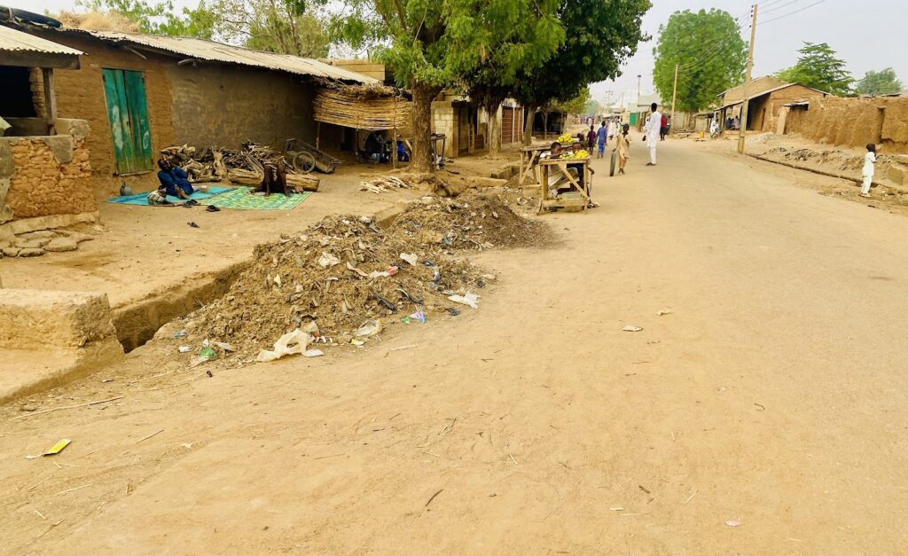 A dusty street in a village with mud houses, people walking, and litter on the side of the road.