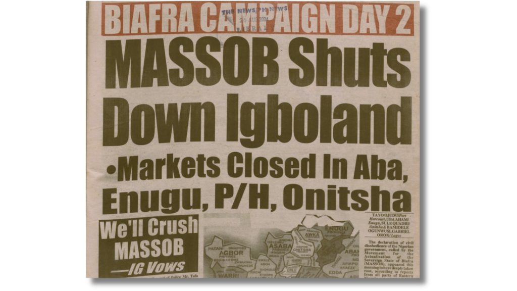 Newspaper headline about MASSOB shutting down parts of Igboland, with a map showing affected areas.