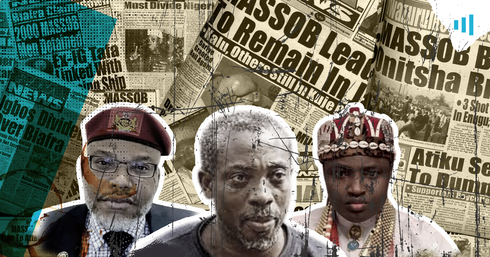 Collage of three men in front of newspaper clippings with headlines related to Nigeria and Biafra.