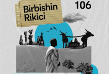 Collage of monochrome images with people, animals, and vehicles, titled "Birbishin Rikici Episode 106" by HumAngle.