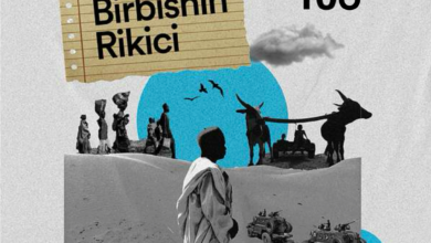 Collage of monochrome images with people, animals, and vehicles, titled "Birbishin Rikici Episode 106" by HumAngle.