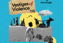 Collage with title "Vestiges of Violence 115", silhouette figures, tanks, a child overlooking a desert scene, on a turquoise background.