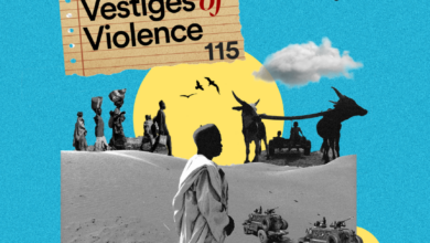 Collage with title "Vestiges of Violence 115", silhouette figures, tanks, a child overlooking a desert scene, on a turquoise background.