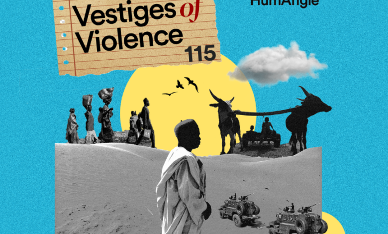 Collage with title "Vestiges of Violence 115", silhouette figures, tanks, a child overlooking a desert scene, on a turquoise background.