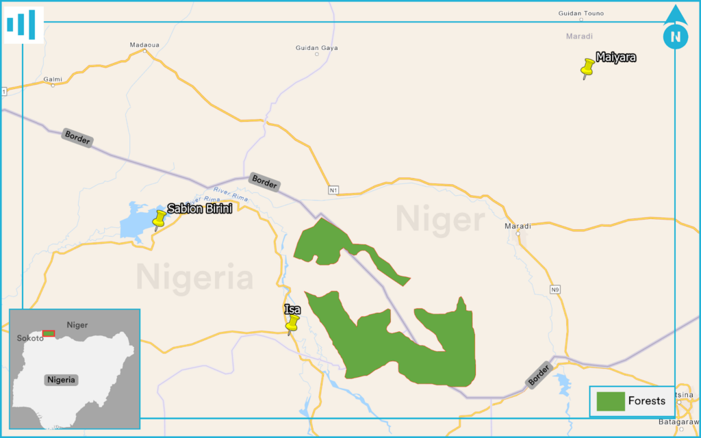 A map of an area on the border of Niger and Nigeria with towns such as Sabon Birni and green areas indicating forests.