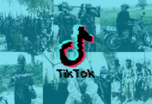 A stylized image with TikTok logo overlaying a collage of soldiers and military scenes in cyan and black halftone.