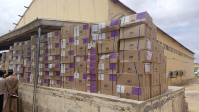 Stacks of cardboard boxes labeled "IDA" outside a building, with two people standing nearby.