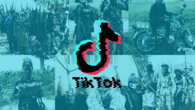 A stylized image with TikTok logo overlaying a collage of soldiers and military scenes in cyan and black halftone.