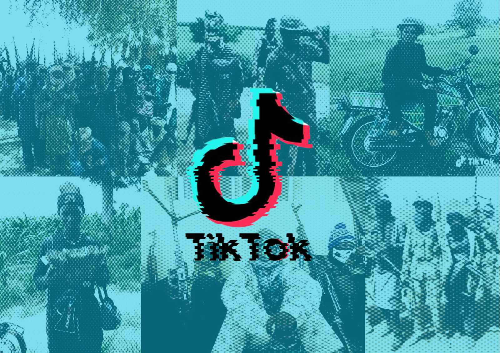 A stylized image with TikTok logo overlaying a collage of soldiers and military scenes in cyan and black halftone.