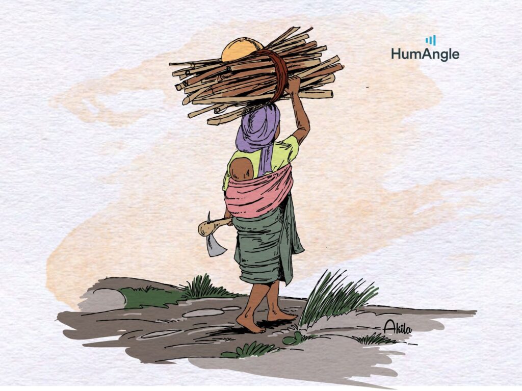 Illustration of a person carrying a large bundle of sticks on their head, with a baby strapped to their back.