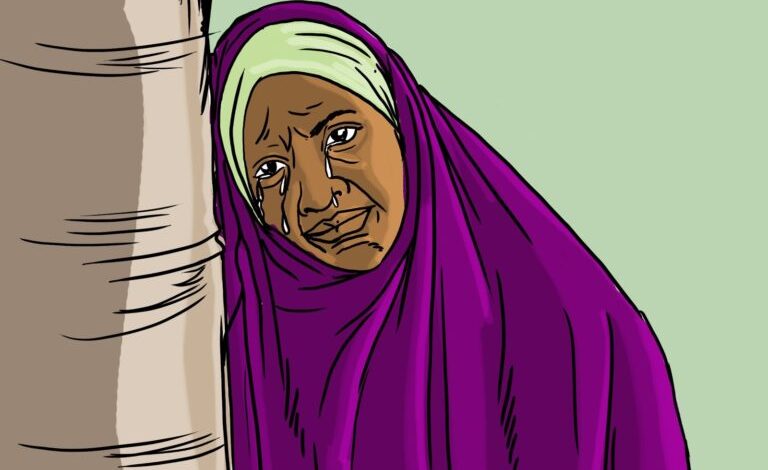 Illustration of an elderly woman in a purple garment with a tear on her cheek, looking concerned or sad.