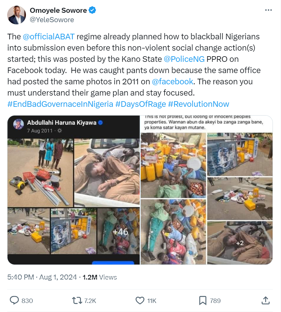 A screenshot of a tweet with a collage of images showing scattered goods and a sleeping individual, questioning the narrative of an event.