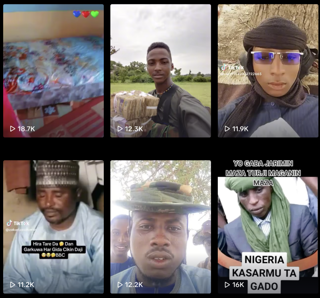 Collage of six video thumbnails featuring various individuals, some with text overlays, and view counts.