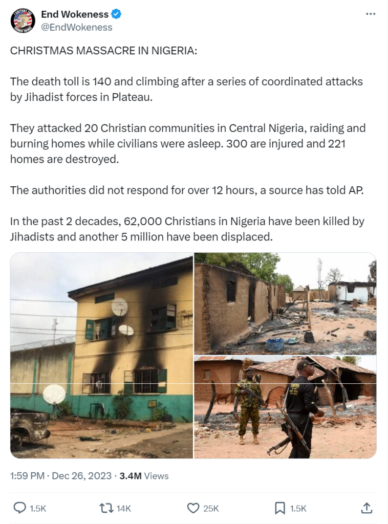 A tweet reporting about a serious attack in Nigeria with images showing burnt buildings and armed soldiers patrolling devastated areas.