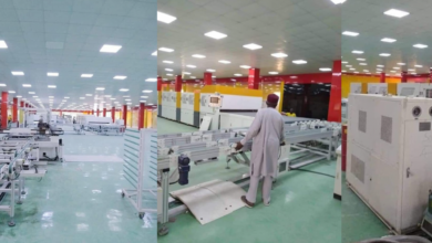 A split view of a textile factory interior with machinery and a worker in traditional attire inspecting equipment.