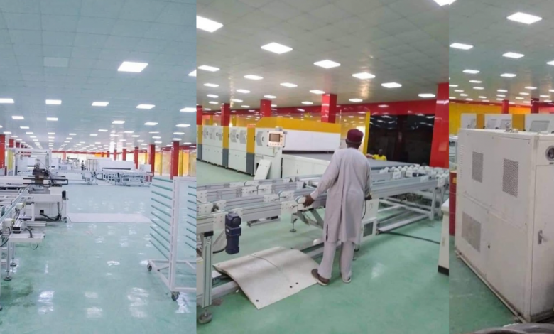 A split view of a textile factory interior with machinery and a worker in traditional attire inspecting equipment.