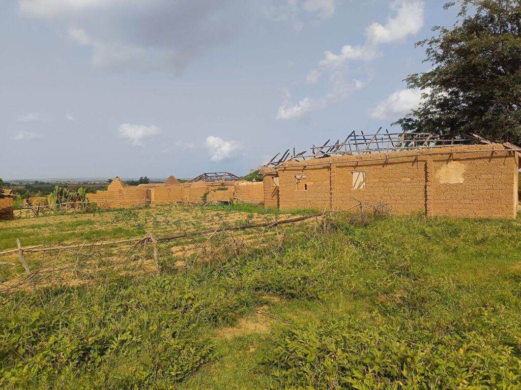 Rural landscape with unfinished mud brick houses and a wooden fence surrounded by greenery under a cloudy sky.