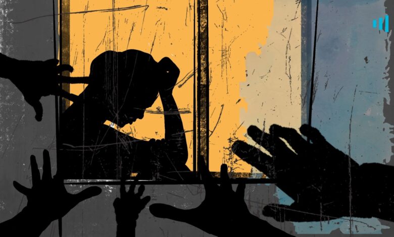 Illustration of a silhouetted person in distress behind a window, with hands reaching towards them in a symbolic gesture of help or urgency.