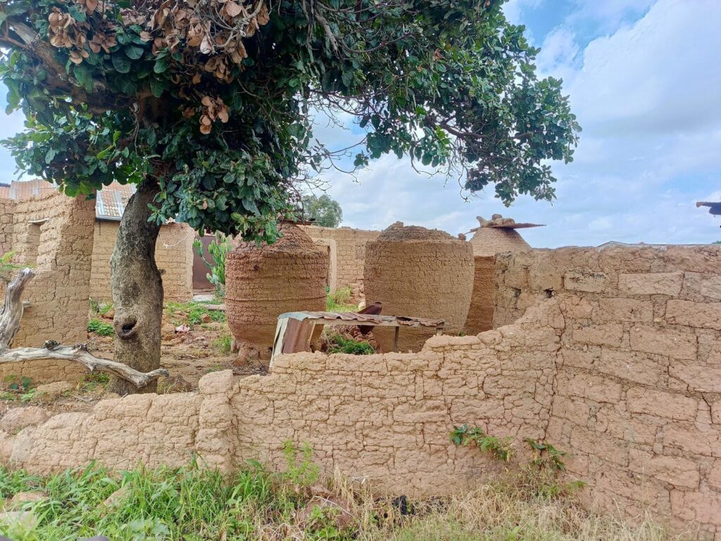 A weathered clay house with crumbling walls under a tree with brown leaves.