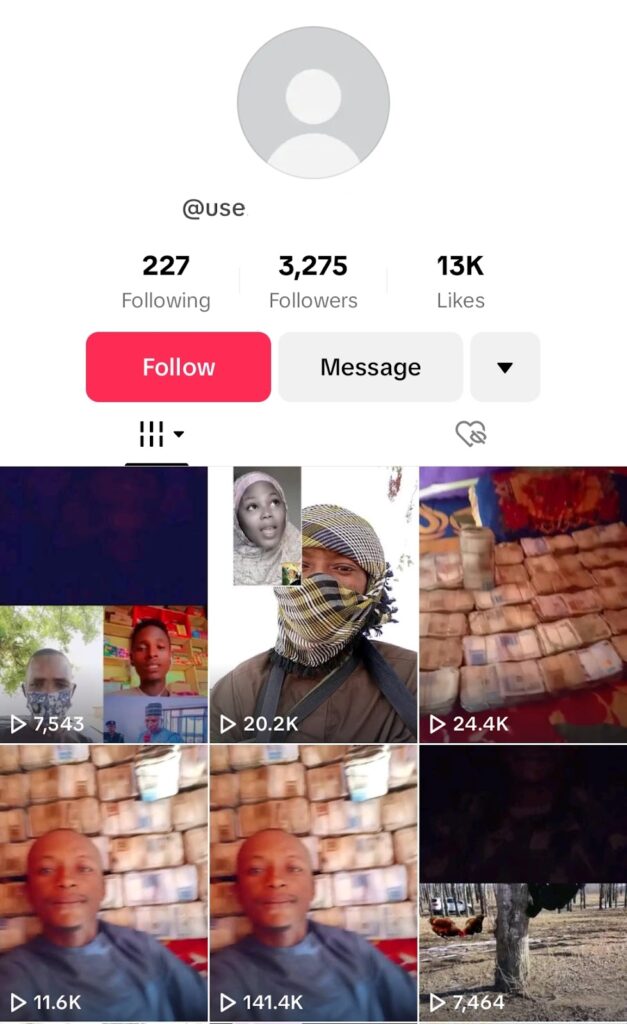 A social media profile with default avatar, metrics, and a feed showcasing various images and videos, including a masked individual and a chicken outdoors.