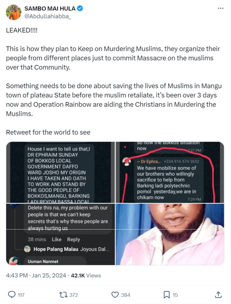 Screenshot of a tweet by SAMBO MAI HULA alleging a conspiracy to harm Muslims, with comments and a highlighted WhatsApp message.