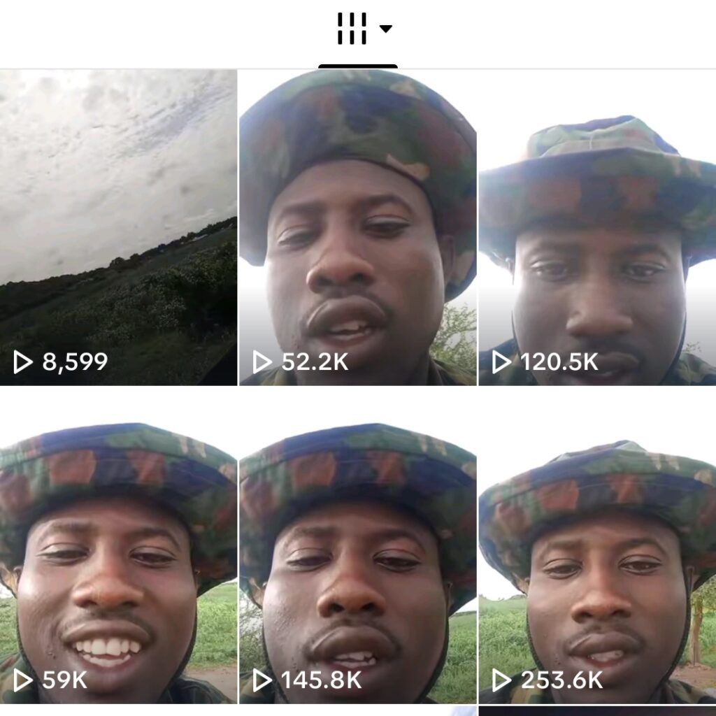 Collage of six selfies of a man in a camo hat, varying expressions, video view counts visible.