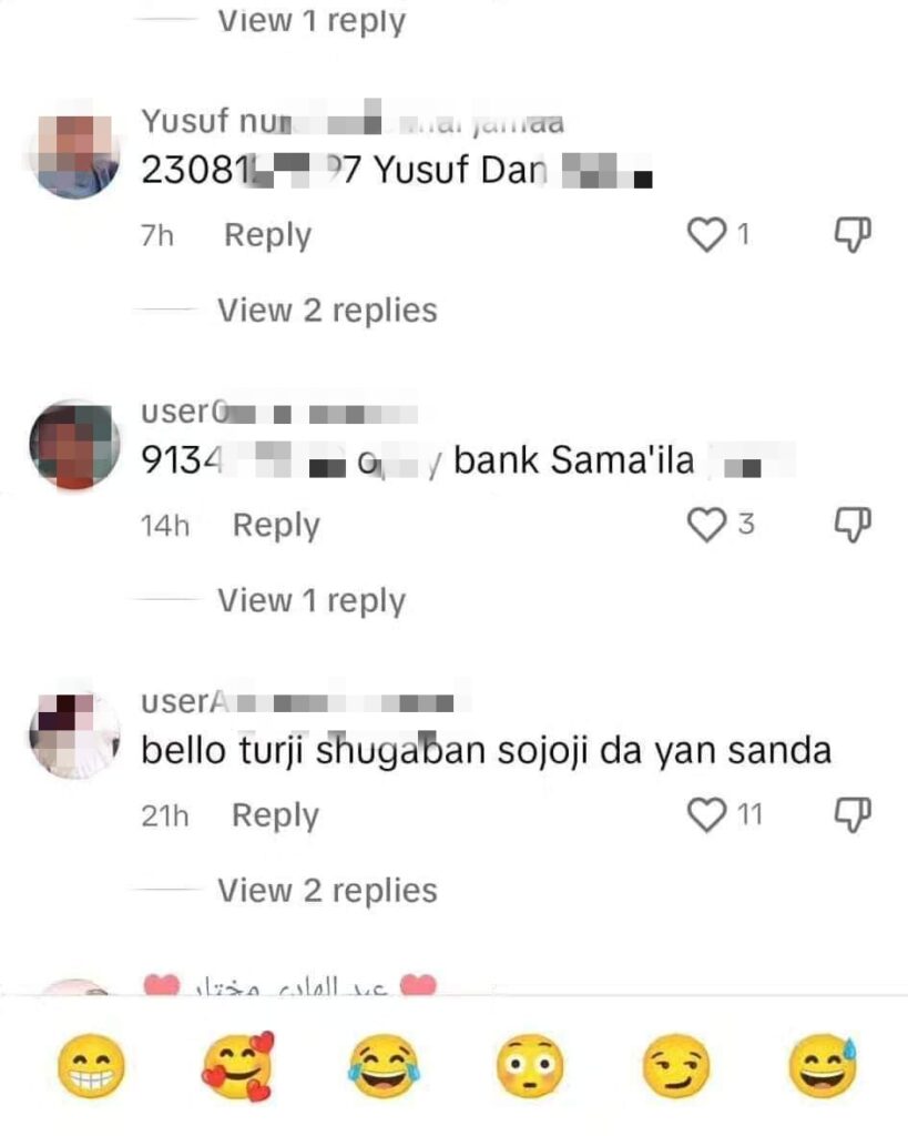 A screenshot of multiple blurred social media comments with various reactions such as hearts and smiley faces below them.