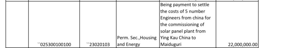 Table excerpt showing payment for five engineers from China for solar panel plant commissioning, costing 22,000,000.