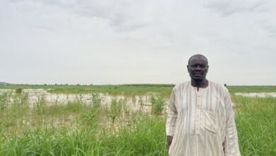 Man in traditional attire standing before a green field with a cloudy sky.