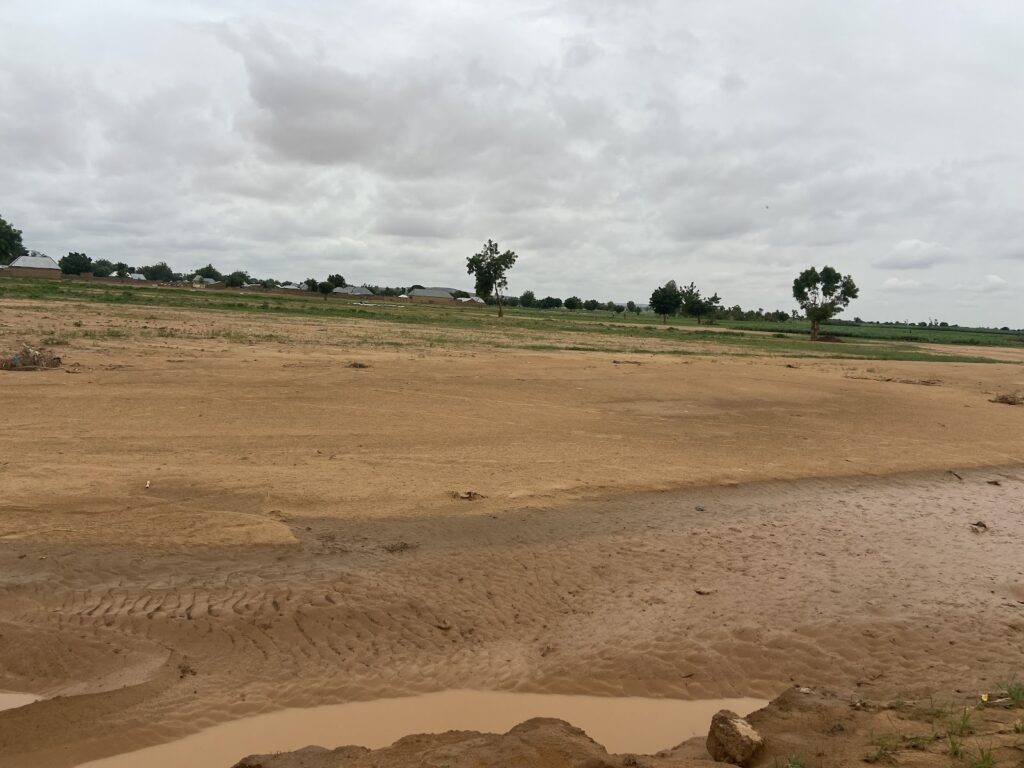 Dry landscape with scattered puddles under cloudy skies, hinting at recent rain.