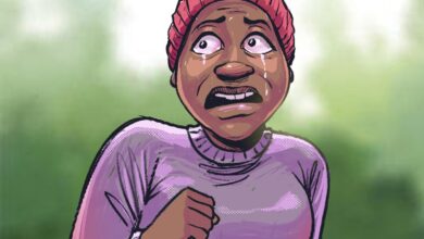 Illustration of a worried person in a pink hat and sweater with tears in their eyes.