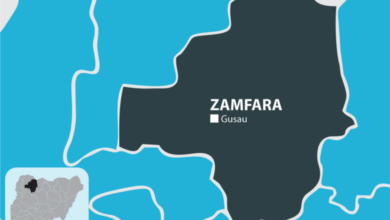 Stylized map highlighting Zamfara state with its capital Gusau in Nigeria.