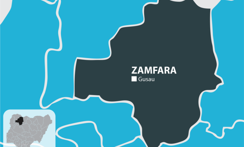 Stylized map highlighting Zamfara state with its capital Gusau in Nigeria.