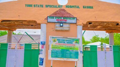 Entrance gate and signboard of Yobe State Specialist Hospital, Gashua, under a sunny sky.