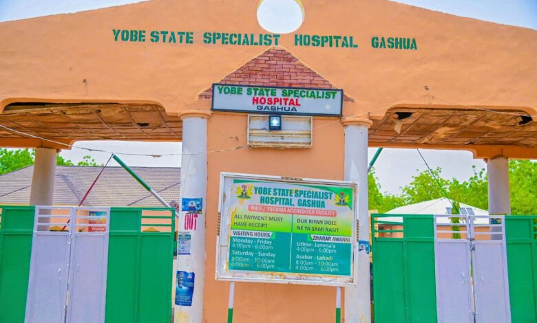 Entrance gate and signboard of Yobe State Specialist Hospital, Gashua, under a sunny sky.